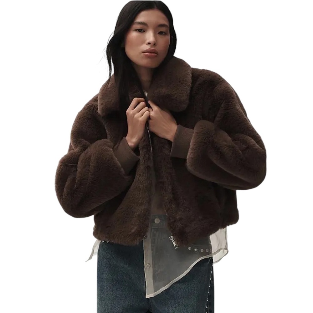 MAEVE Brown Faux Fur Bomber Jacket XSP